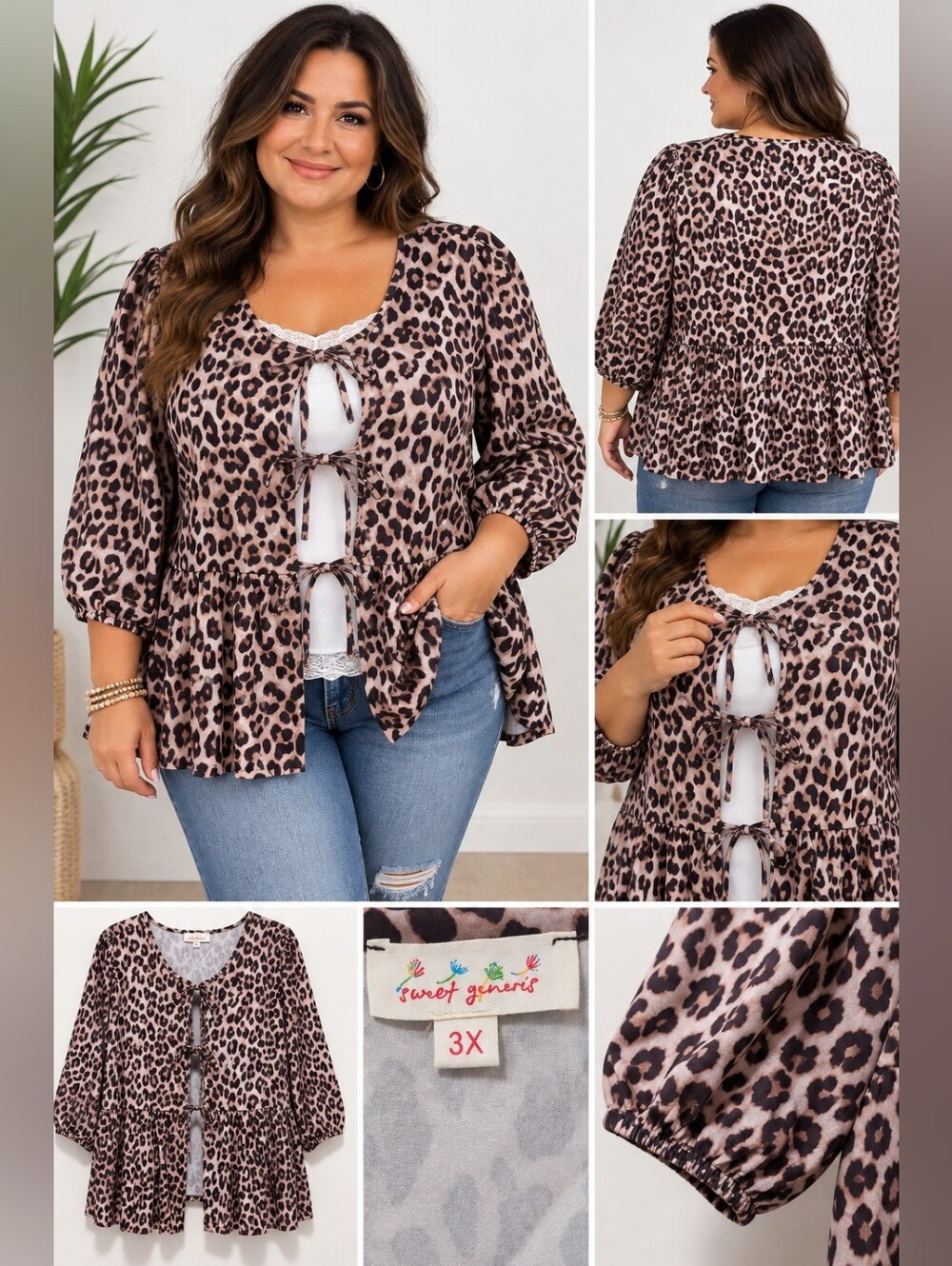 Sweet Generis Leopard Print Tie Front Peplum Top Size Fits XL -1X NWOT